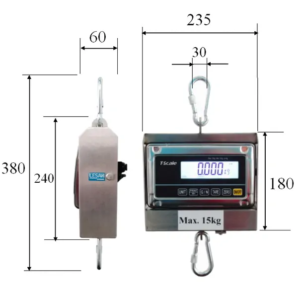 LESAK J1-RWS-IP, 15kg/5g, nerez (Závěsná/jeřábová voděodolná váha pro obchodní vážení s LCD displejem v nerezu)